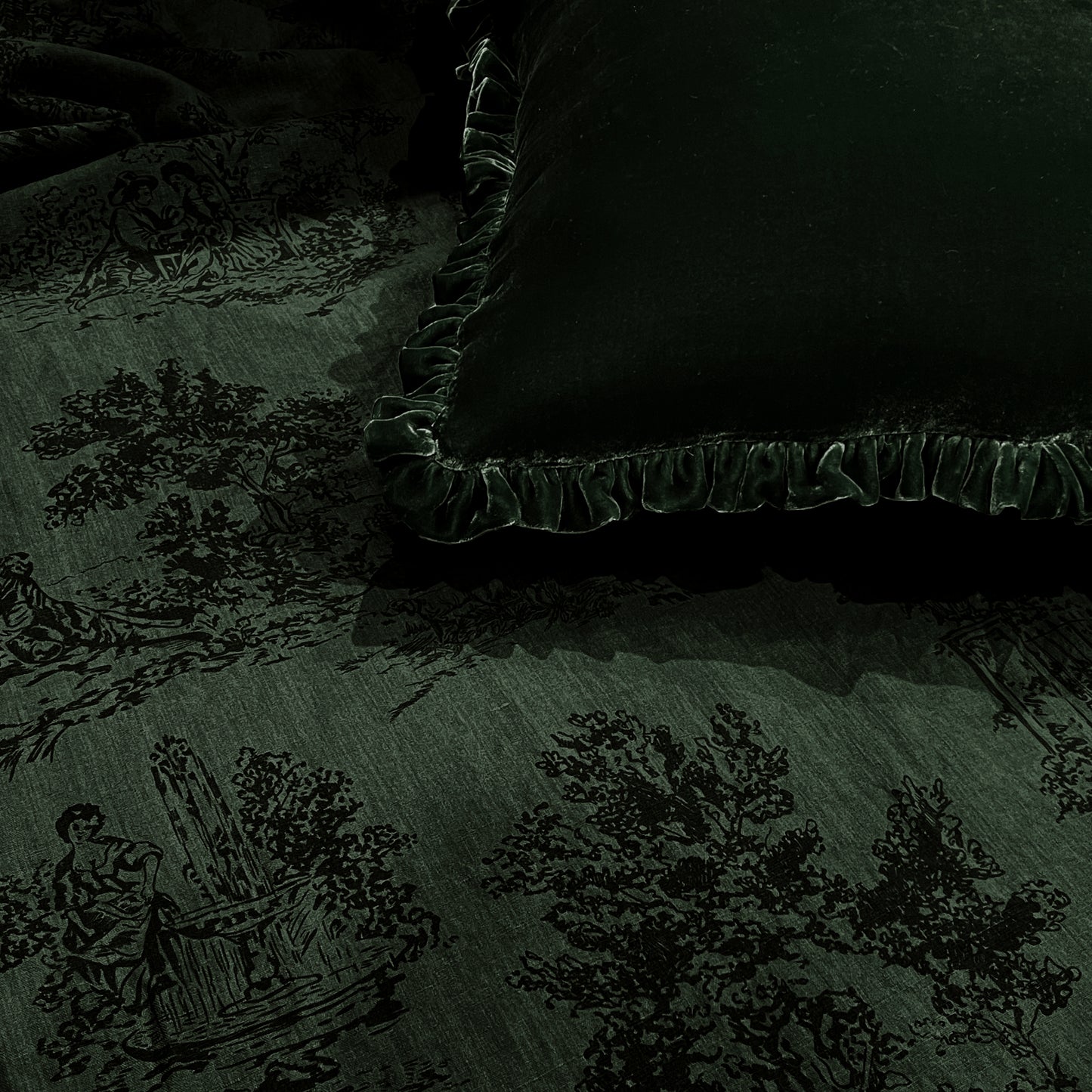 Colette Petite Silk Velvet Ruffle Linen Bed - Aloe