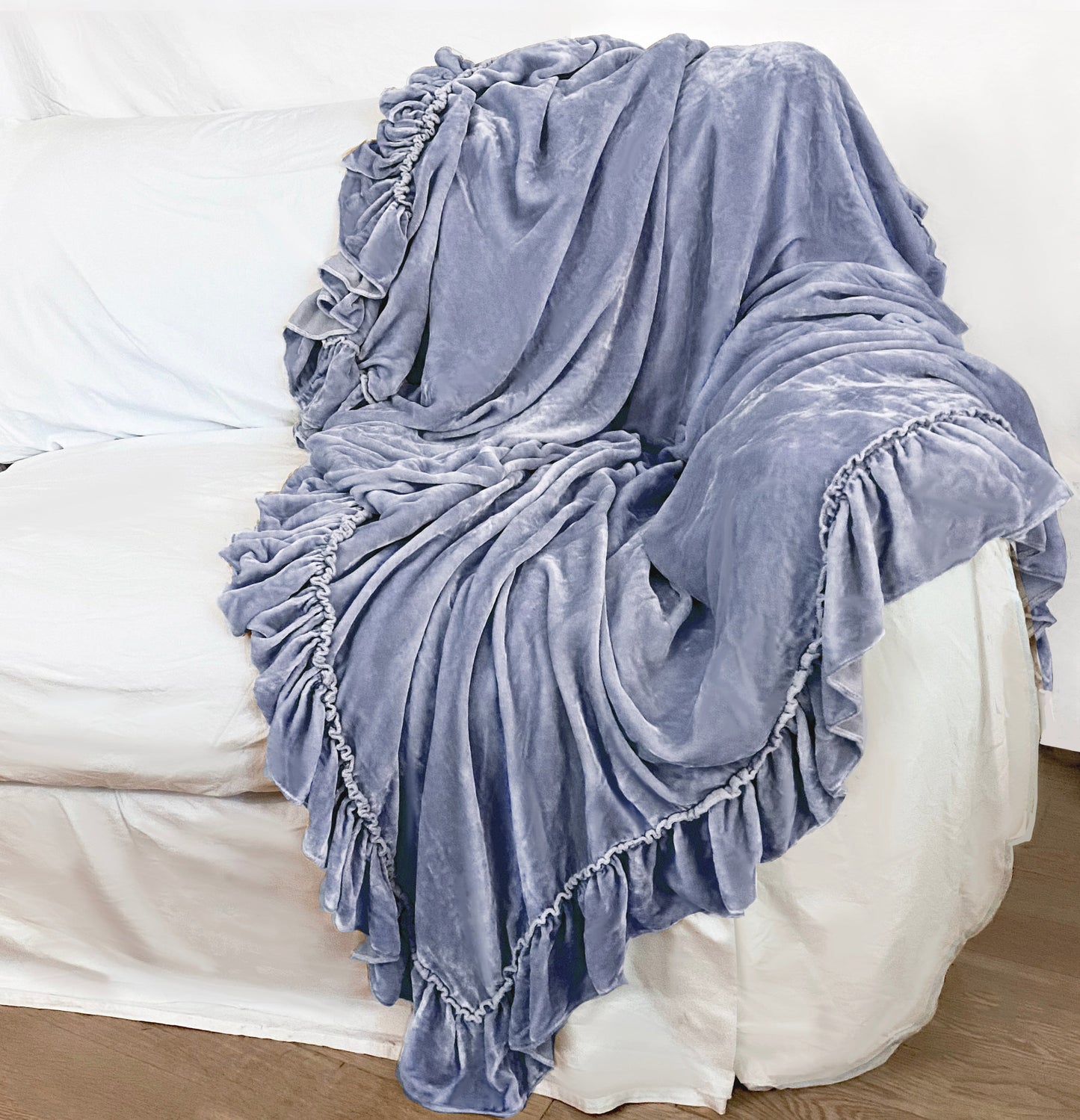 Isabella Tatter Velvet Ruffle Throw - Chambray