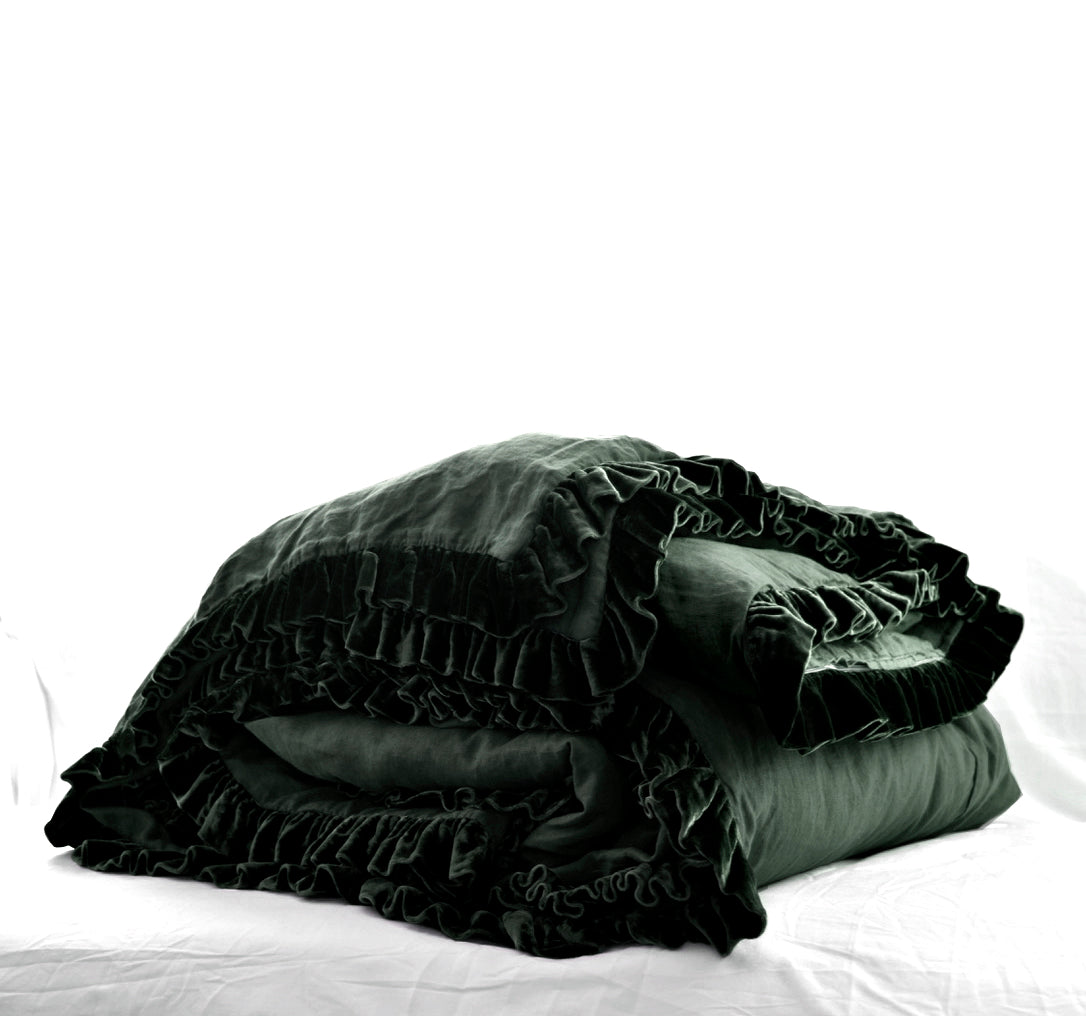 Colette Petite Silk Velvet Ruffle Linen Bed - Aloe