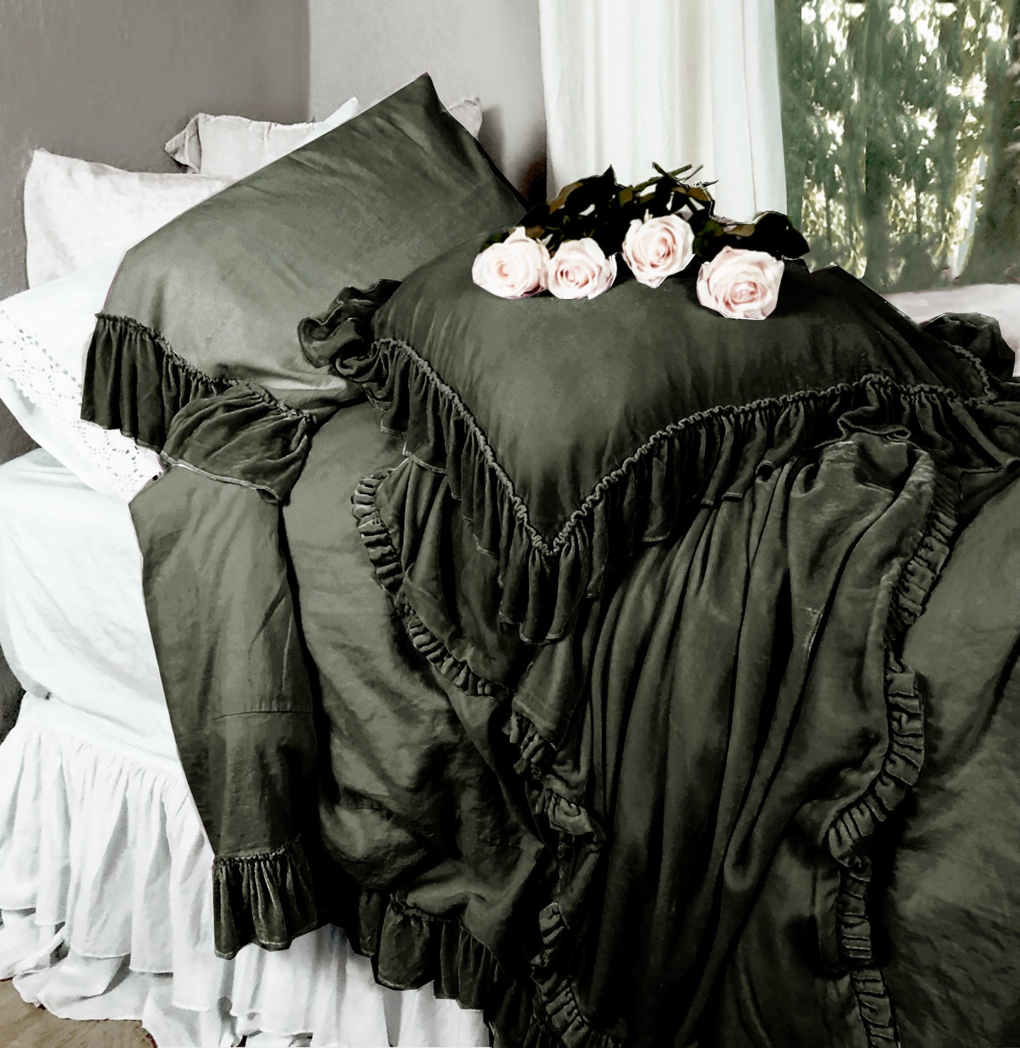Isabella Tatter Velvet Ruffle Collection-Army