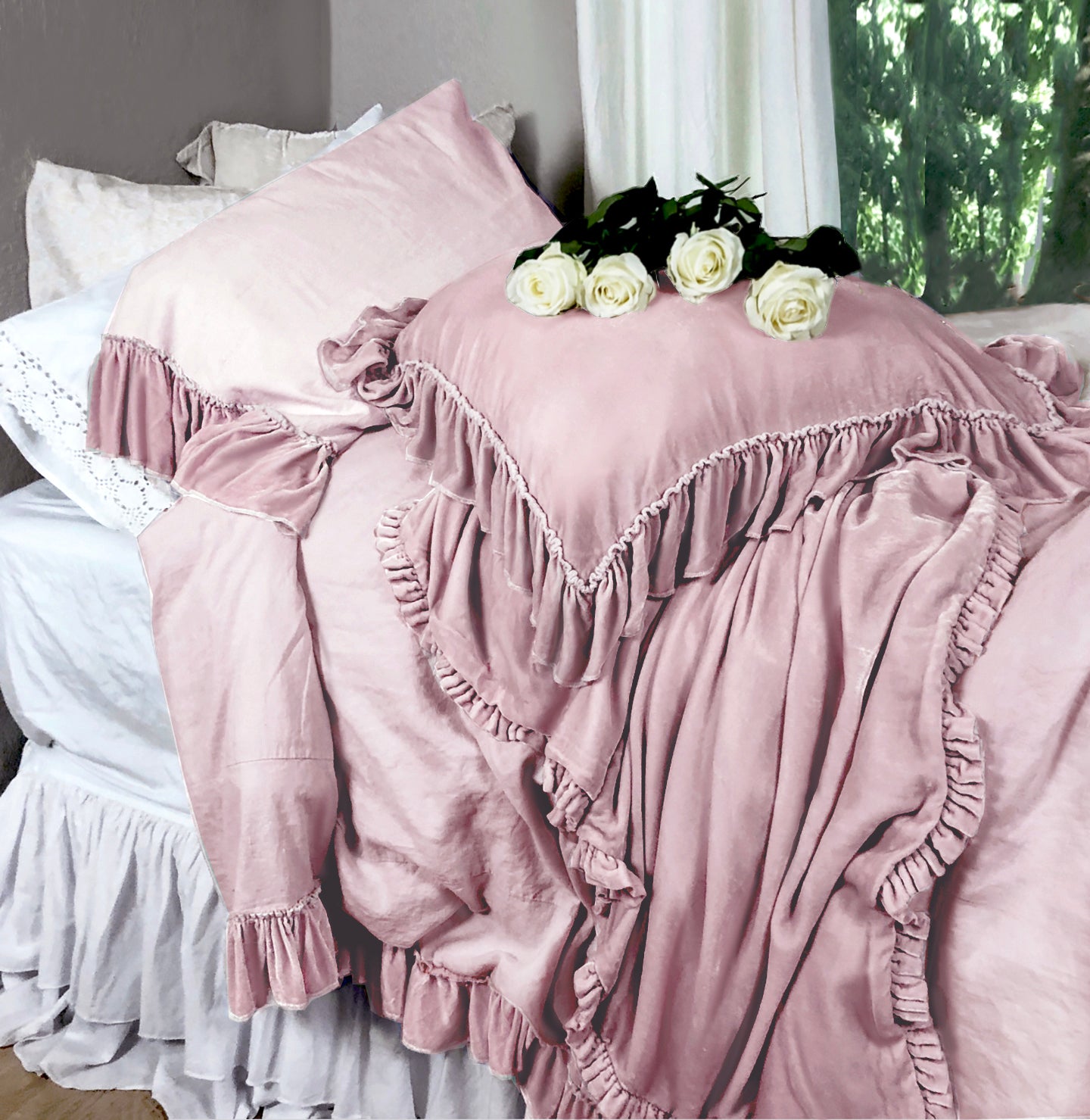 Isabella Tatter Velvet Ruffle Collection-Rose