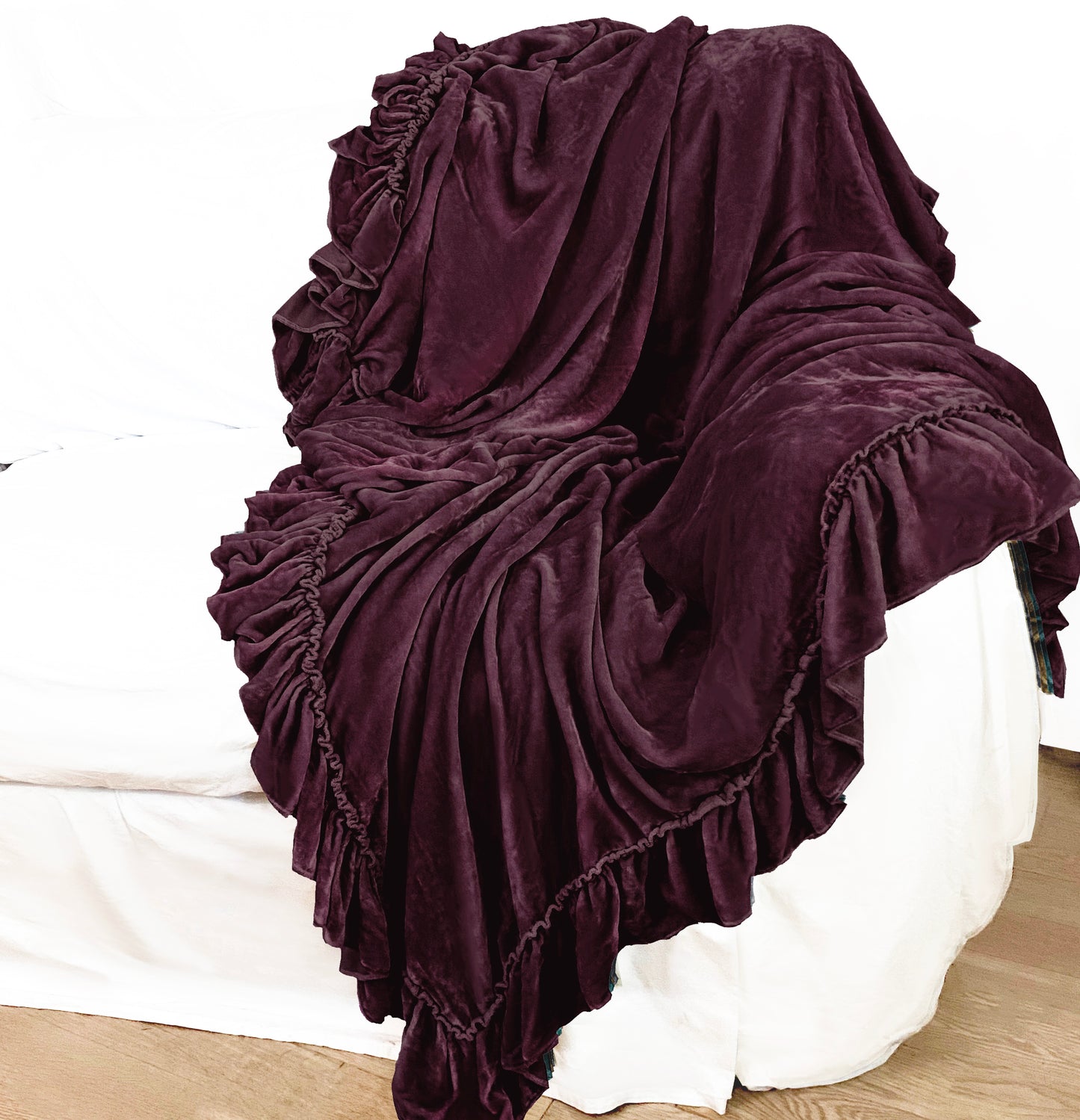 Isabella Tatter Velvet Ruffle Throw - Aubergine