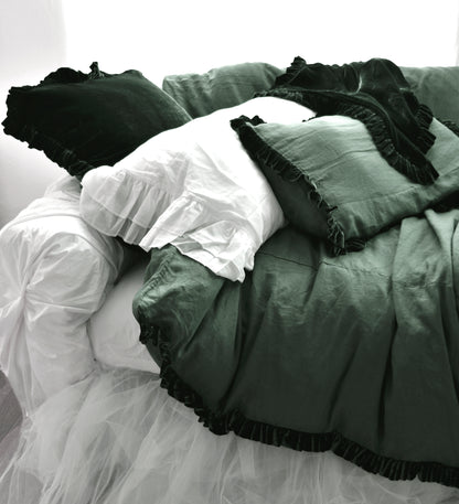 Colette Petite Silk Velvet Ruffle Linen Bed - Aloe