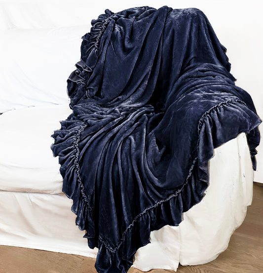 Isabella Tatter Velvet Ruffle Throw - Denim