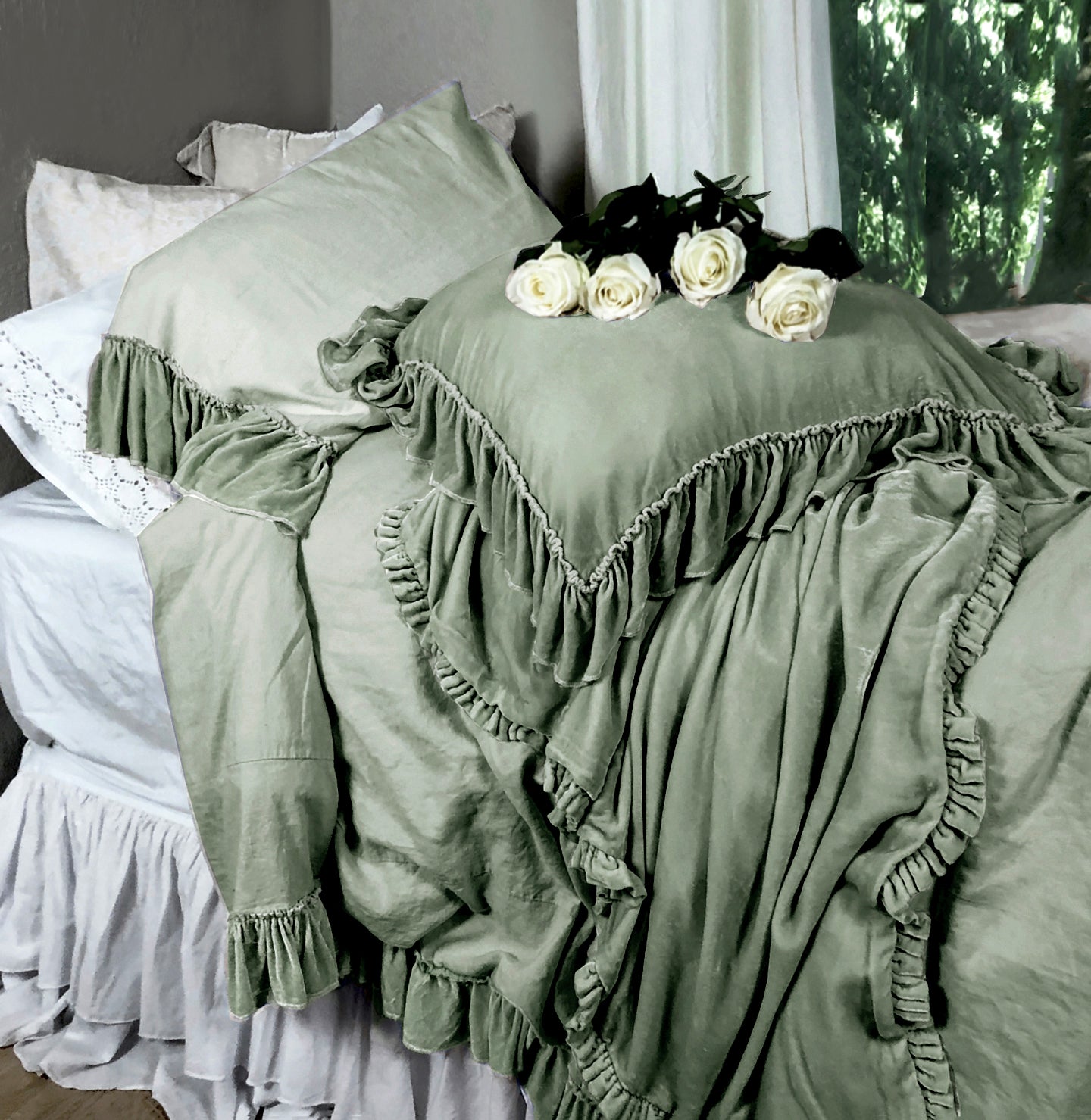 Isabella Tatter Velvet Ruffle Collection-Sage